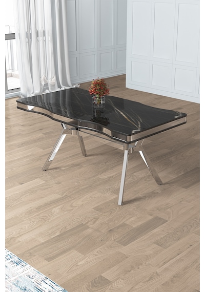 Canisa Prah Serisi 90x160 Lak Panel Sonata Krom Ayak Masa Takımı Ve 6 Siyah Sandalye Siyah Mermer Masa Siyah Sandalye Krom Detay