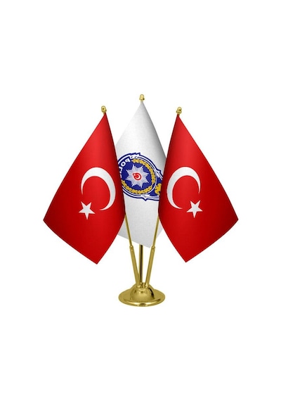Masa Üstü Polis Logosu Bayrağı Türk Bayrağı Üçlü Pirinç Direk Mas
