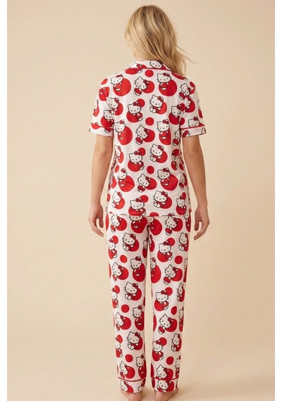 Siyah İnci Hello Kitty Lisanslı %100 Pamuk Pembe Çok Renkli Düğmeli Biyeli Pijama Takım 26120451 Beyaz