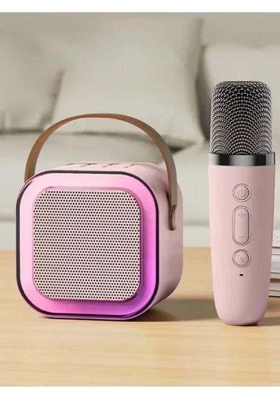 K12 Kablosuz Bluetooth Hoparlör Pembe Karaoke Mikrofon 5 Ses Efektli Rgb Hd Stereo Ses Usb/sd/fm