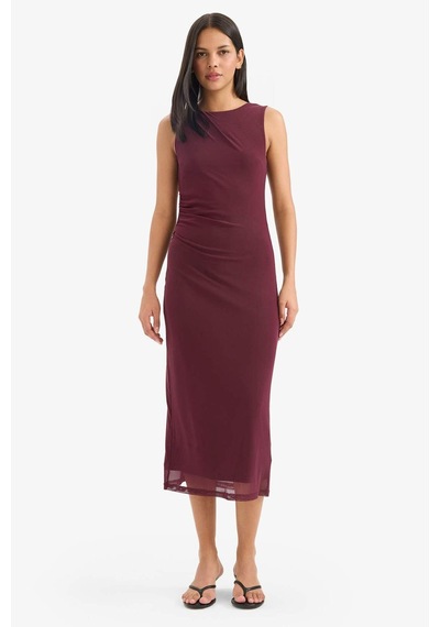 Defacto Bodycon Vücudu Saran Yuvarlak Yaka Tül Kolsuz Midi Elbise D8036ax25aubr232 Bordo