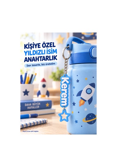 İsme Özel Kişiye Özel İsimli Figürlü Anahtarlık Çanta Ve Matara Aksesuarı, Kişiye Özel Hediye Mavi - 924018976 Mavi