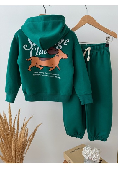 Magu Çocuk Pamuklu Köpek Baskılı Yeşil Kapüşonlu Sweatshirt Ve Eşofman Altı Takımı Çok Renkli