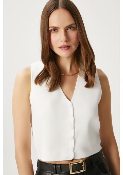 Ritnice Kadın Petite Çıtçıtlı Crop Krem Triko Yelek Krem