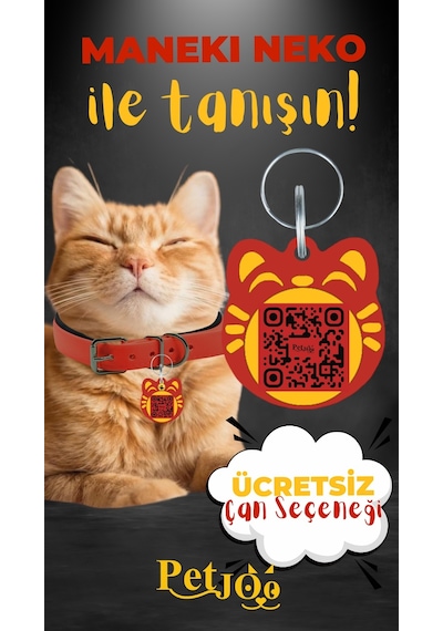 Petjoo 4.Maneki Neko Sarı-Kırmızı Qr'lı Kedi Künyesi