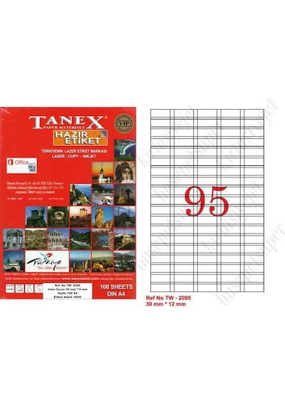 Tanex Tw-2095 Ebat 30 X 12 MM Laser Etiket A4 Sayfada 95 Etiket