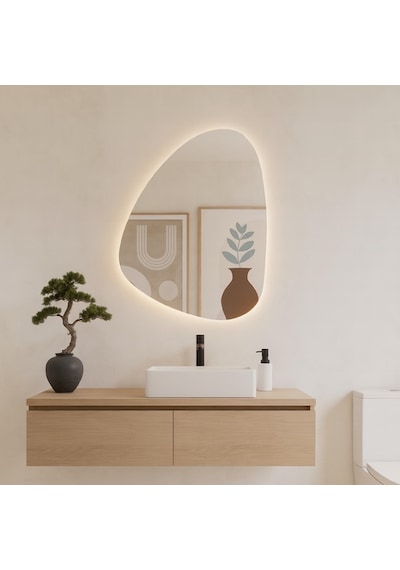 40x55 Cm Modern Asimetrik Led Banyo Aynası Dokunmatik Sensörlü, Dimmerli, 3000k Günışığı Sarı