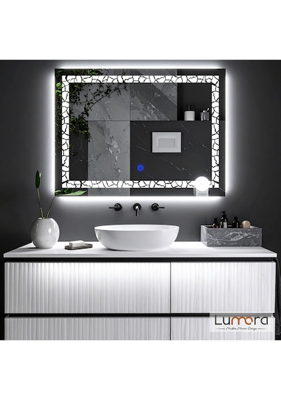 Gleamira Beyaz Led'li Lazer Kumlamalı Lavabo & Banyo Aynası Dokunmatik Sensörlü 100 X 75 Cm