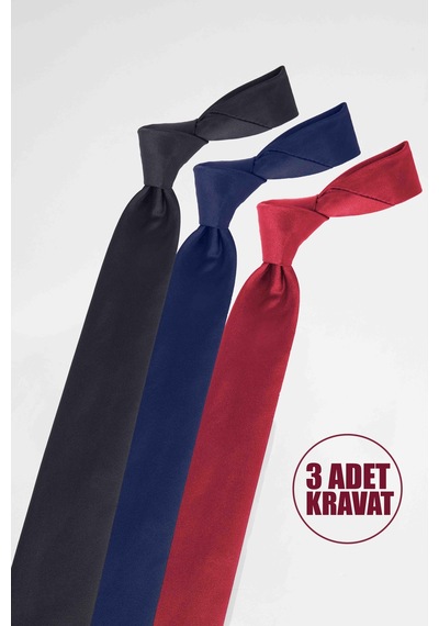 Tudors 3'lü Paket Düz İnce Siyah-lacivert-bordo Erkek Kravat-33295 Çok Renkli