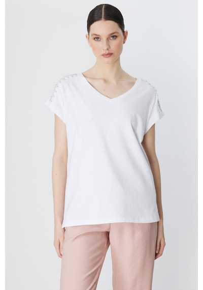 On Kadın Omuzları Taşlı V Yaka Pamuklu T-shirt 71415 Beyaz Beyaz