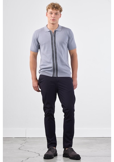 Dufy Gri Polo Fermuar Yaka Düz Kısa Kollu Slim Fit Erkek Triko Gri