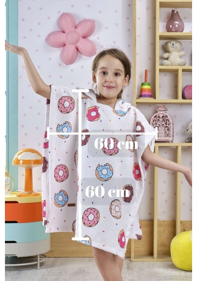 Ely Parker Panço Çocuk Bornoz Plaj Havlusu Kapşonlu (3 8 Yaş) İç Yüzey %100 Pamuk Baskılı Donut Açık Pembe