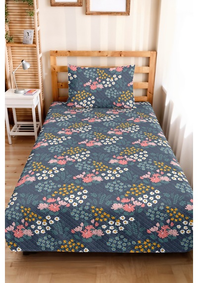 Çiçekli Lacivert Genç Kız Odası Pike Takımı - Botanik Pembe Sarı Mevsimlik Yatak Örtüsü - 160x220 Cm Gizli İpek Aurası