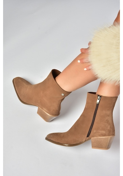 Fox Shoes Z654037561 Vizon Hakiki Deri Süet Alçak Topuklu Western Kadın Bot