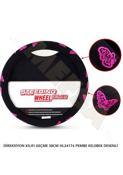 Universal Direksiyon Kılıfı Siyah Üzeri Kabartma Desenli 38cm Direksiyonlar İçin Kabartmalı Pembe Kelebek Desenli