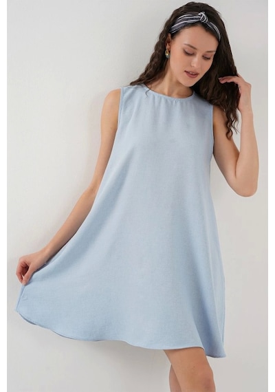 Defymoda 2444 Mini Keten Elbise - Açık Mavi Açik Mavi