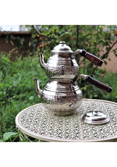 Nikelli Baskı Bakır Çaydanlık 2,8 Lt Ve Sac Isıtıcı Bakır