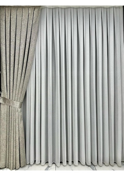 Adde Gri Detaylı Taş Rengi Fon Perde Tek Kanat 1/3 Sık Pile Taş