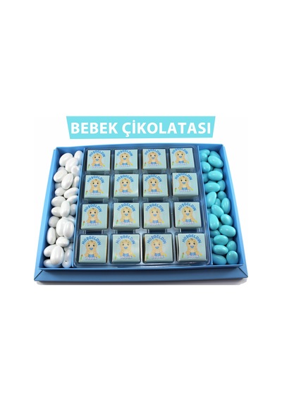 Dark Brown Hoşgeldin Bebek Çikolatası 48 Madlen ve Badem Drajeli Erkek Bebek Doğum Hediyesi