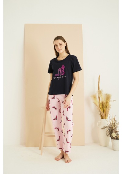 Siyah İnci Pamuklu Bisiklet Yaka Örme Pijama Takım25103264 Lacivert