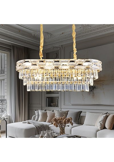 Dolares Sıralı 40 Watt Dikdörtgen Gold Kristal Taşlı Yemek Masası Üstü, Salon Avize Altın