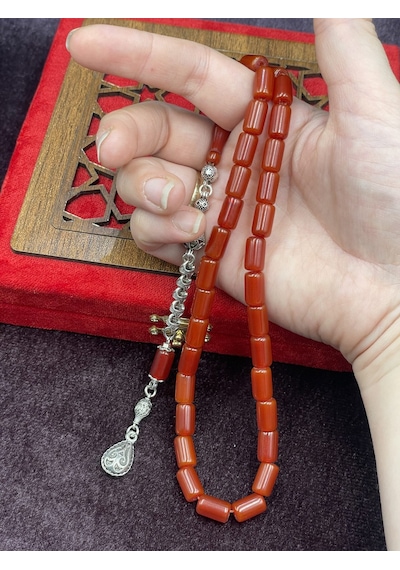 Alpaka Damla Uçlu Koyu Kızıl Osmanlı Benzetme Çubuk Sıkma Tesbih 7x11 Mm Krem