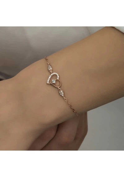 Gümüş Rose Kalpli Tektaş Kadın Bileklik Çok Renkli