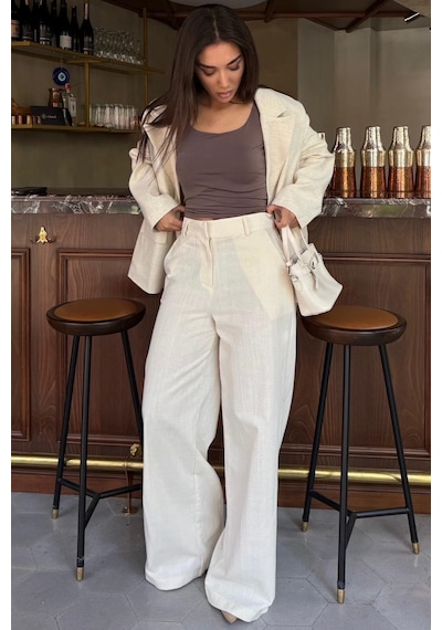 Madmext Ekru Yüksek Bel Keten Wide Leg Pantolon Mg2718