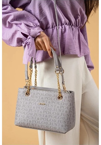 Just Polo Orijinal Kadın 3 Bölmeli Zincir Detaylı Ayarlanabilir Askılı Lüks El & Omuz Çantası Shoulder Bag Gri