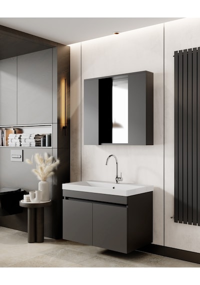 Karen Banyo Arya Banyo Dolabi Seti 80 Cm, Mat Antrasit Çok Renkli