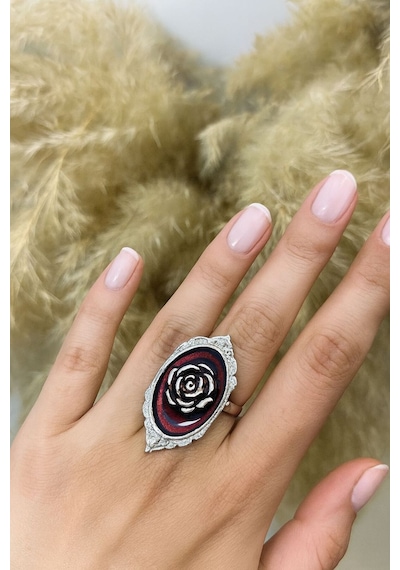 Kırmızı Gül Figürlü Siyah Tablo Yüzük Tutkunun Ve Zarafetin Gotik Yorumu Gümüş - Gri
