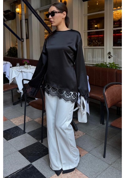 Madmext Siyah Asimetrik Dantelli Uzun Kollu Saten Bluz Mg2799