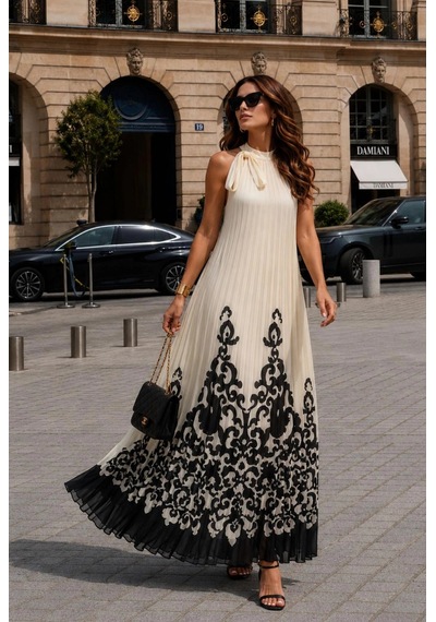 Asprinfashion Halter Yaka Pliseli Baskılı Şifon Elbise Beyaz