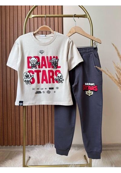 Magu Erkek Çocuk Pamuklu Ekru Oyun Baskılı T-shirt Eşofman Takım Çok Renkli