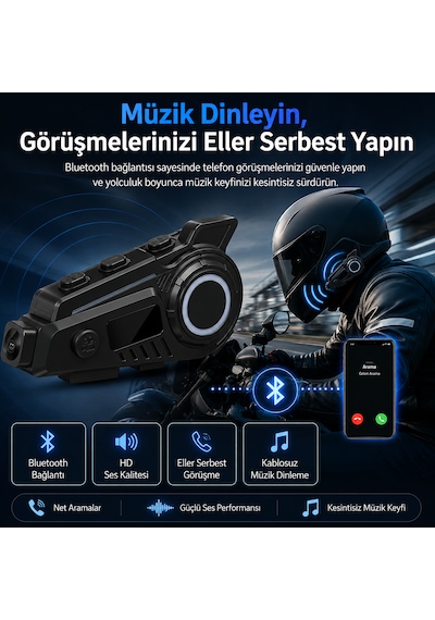 Motosiklet Kask Bluetooth Kulaklığı Kameralı Wifi Destekli Type-c Şarjlı Mikrofonlu Kask İçi Interkom Sistemi