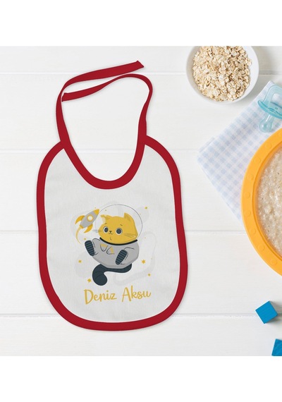 BK Kids Kişiye Özel Sevimli Astronot Tasarımlı Kırmızı Mama Önlüğü Kırmızı