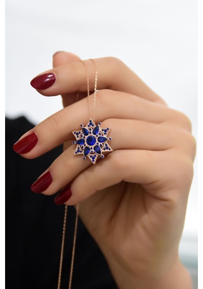 Papatya Silver 925 Ayar Gümüş Rose Kaplama Safir Kamelya Çiçeği Kolye