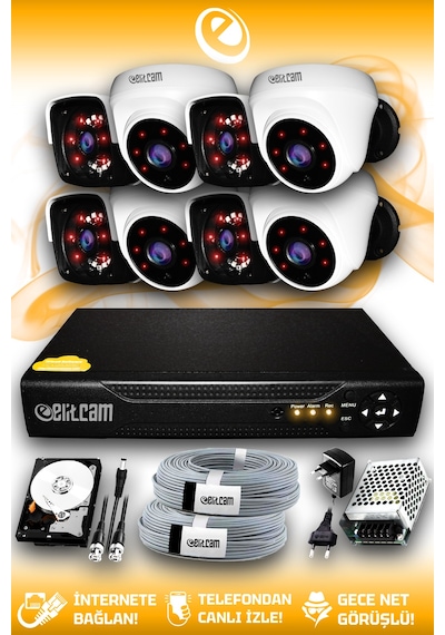 Elitcam 8 Kameralı Panda 4 İç Kamera Set 100 GB HDD Full HD Gece Görüşlü Güvenlik Kamerası Sistemi