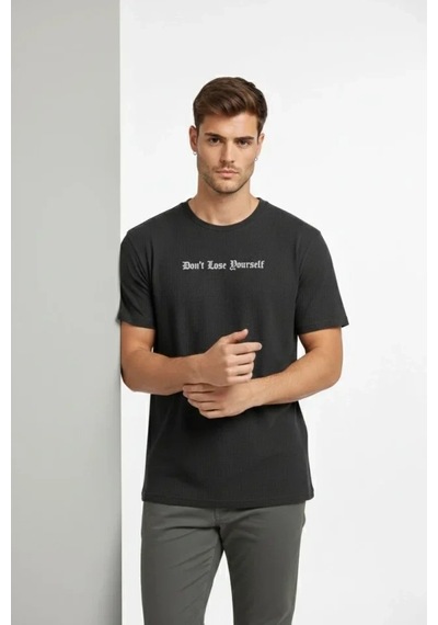 Vexor Erkek Wafıl Kumaş Tişört Regular Kalıp Bisiklet Yaka Baskılı Günlük Basic T-shirt - Siyah