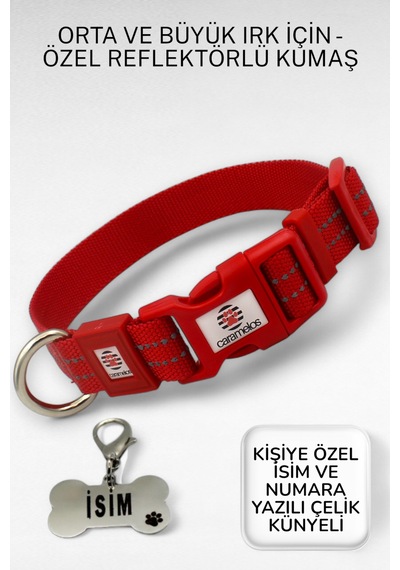 Caramelos Reflektörlü Köpek Tasması, Kişiye Özel Köpek Tasması. Büyük Ive Orta Irk Köpek Tasması Krm Kırmızı
