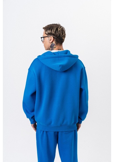 Erkek Respire Yazı Detaylı Kapüşonlu Basic Zip Oversize Hoodie Mavi
