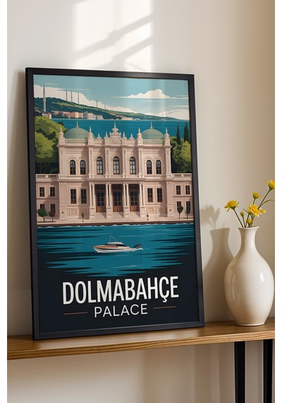 İstanbul Dolmabahçe Sarayı Tablo - Retro Travel Poster - Şehir Duvar Dekoru - Çerçeveli Poster Siyah