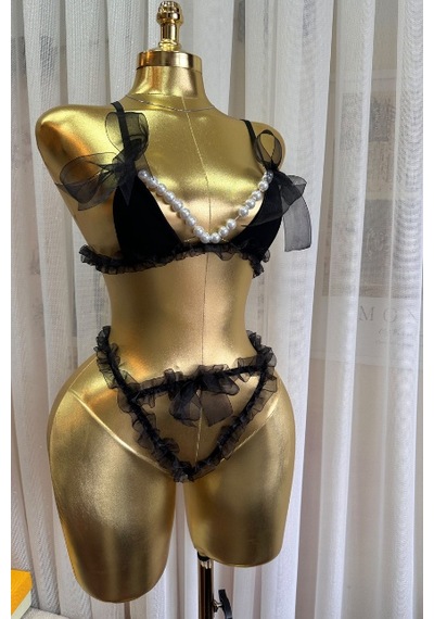 Suısy Pearly Queen Siyah El İşi İnci Detaylı Fırfırlı Tül Bralet Takımı