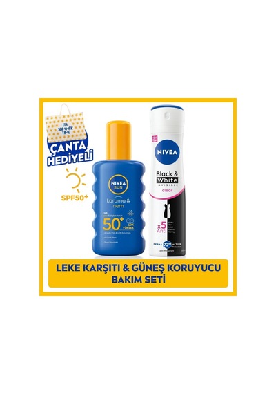 Nivea SUN Güneş Koruyucu Vücut Spreyi 200 ML, SPF50 ve Sprey Deodorant Black & White Invisible Clear 150 ML