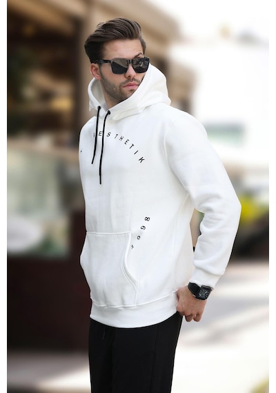 Madmext Ekru Kapüşonlu Cep Detaylı Nakışlı Erkek Sweatshirt 7054-ekru Ekru