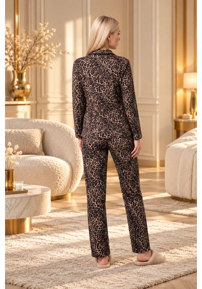 Gd Goldoremi Kadın Premium Leopar Gömlek Yaka Önden Düğmeli Uzun Kollu Pijama Takımı