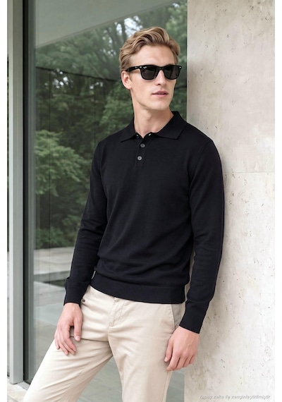 Buratti Pamuklu Regular Fit Düğmeli Uzun Kollu Polo Erkek Polo 7024733 Siyah
