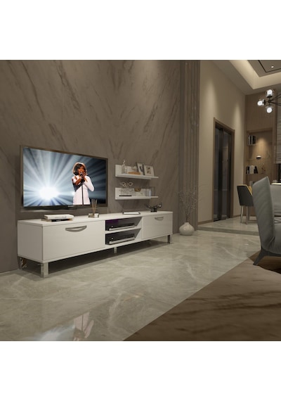 Decoraktiv Eko 4 Mdf Dvd Krom Ayaklı Tv Ünitesi Tv Sehpası Beyaz