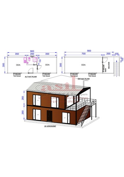 54 M² 2 Katlı,çatı, Verandalı Dış Ahşap Desen Betopan, İç Betopan