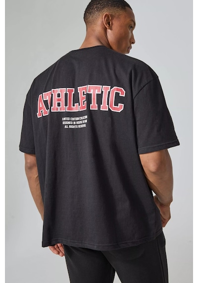 T-shirt - Athletic Baskılı Oversize Bisiklet Yaka Kısa Kol Siyah Tişört Siyah